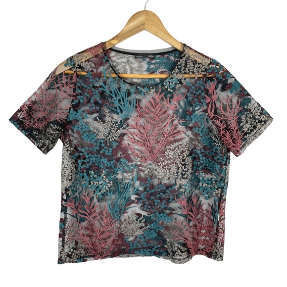Zara Tops - Zara Mesh Embroidered Abstract Floral Cropped Top Womens M Modern Artsy Layering